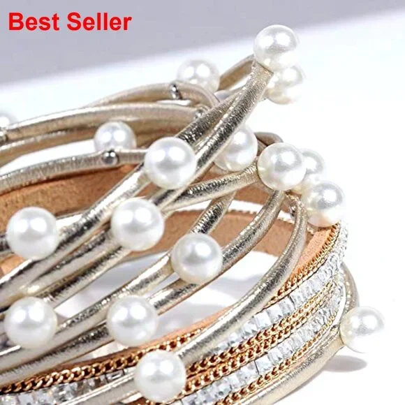 Leather Wrap Bracelet with Imitation Pearl Beads Handmade Magnetic Clasp - Picture 2 of 7